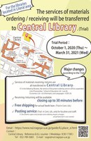 Oct-01 [Central Library] For the libraries located in Literal area (bunkei-chiku), the services of materials ordering / receiving will be transferred to Central Library. (Trial) (Oct. 1st-)(The trial period has been extended until 6/30.)